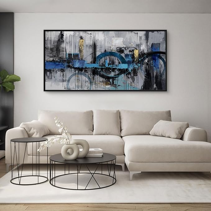 KLAKLA Abstract Wall Art - Blue and Gray Pictures Canvas Artwork for Living Room Bedroom Horizontal Black Framed Above Bed Wall Decor