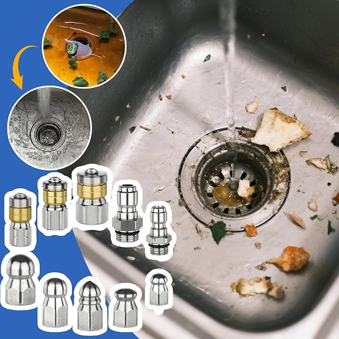Pressure Washer Jetter Nozzle | with Connectors Tips - 10-Piece High Pressure Drain Cleaner Nozzle | for Home Kitchen Parking Lot Sink Pipe Floor Drain Downspout