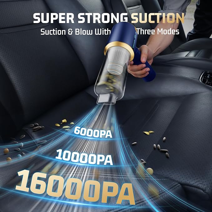 Cordless Car Vacuum Cleaner: Handheld Vacuum with 16000Pa Strong Suction, Brushless Motor & HEPA Filter, 7-in-1 Cleaning Kit, Type-C Charging for Home Office Car Pet - Navy Blue