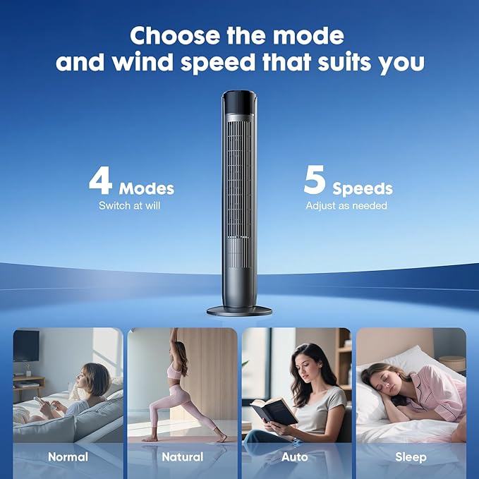 OLIXIS Tower Fan for Bedroom, 60°Oscillating Fan with Remote, 25ft Far, 28dB Quiet Electric Standing Fan, 12 H Timer, 5 Speeds, 4 Modes, Bladeless Floor fan for Home, Office, Indoor, 36 Inch