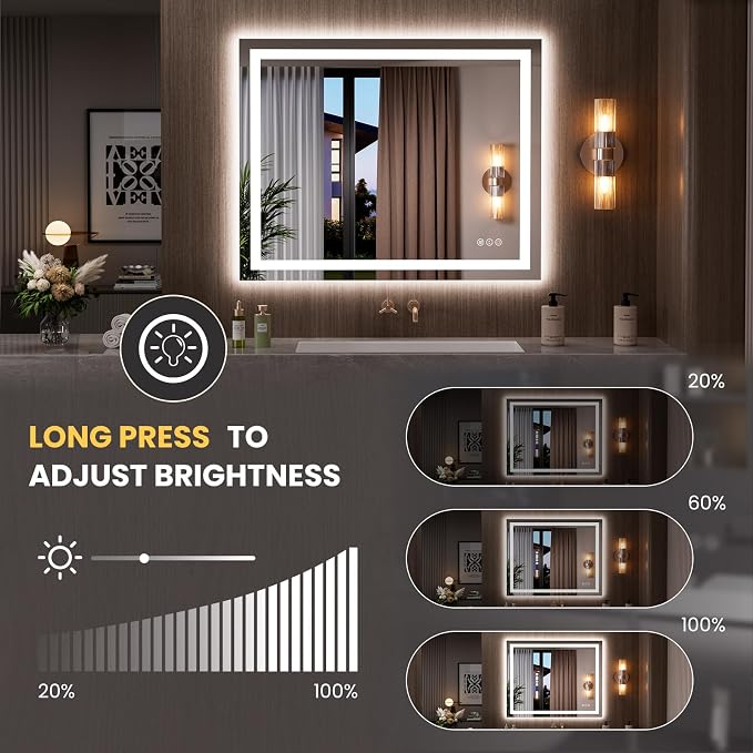 LOAAO 39.4"x31.5" LED Bathroom Mirror with Lights, Anti-Fog, Dimmable, Backlit + Front Lit, Lighted Bathroom Vanity Mirror for Wall, Memory Function, Tempered Glass, Safe to Use, ETL Listed