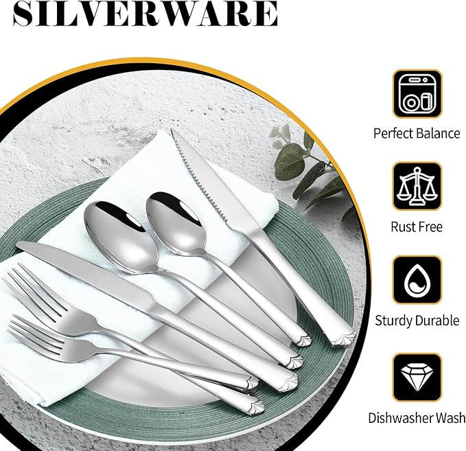 72 Piece Silverware Set for 12, Prendcyx Stainless Steel Flatware Set wtih Steak Knives, Food-Grade Tableware Cutlery Set, Mirror Polished Utensil Sets for Home Restaurant
