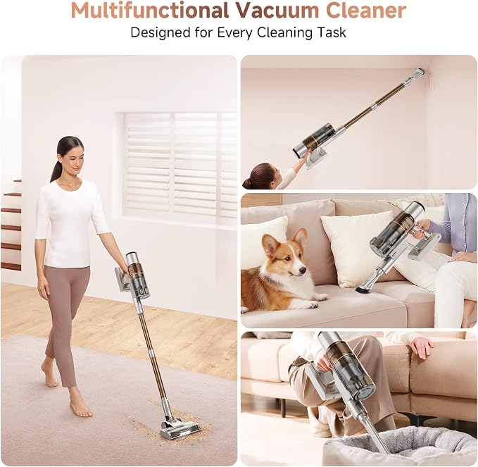 Cordless Vacuum Cleaner:Portable 6-in-1 Stick Vacuum with Anti-Tangle Brush | LED Headlight, Self-Standing, HD Display, Rechargeable Vacuum for Pet Hair, Low-Pile Carpet and Hardwood Floor-Off White