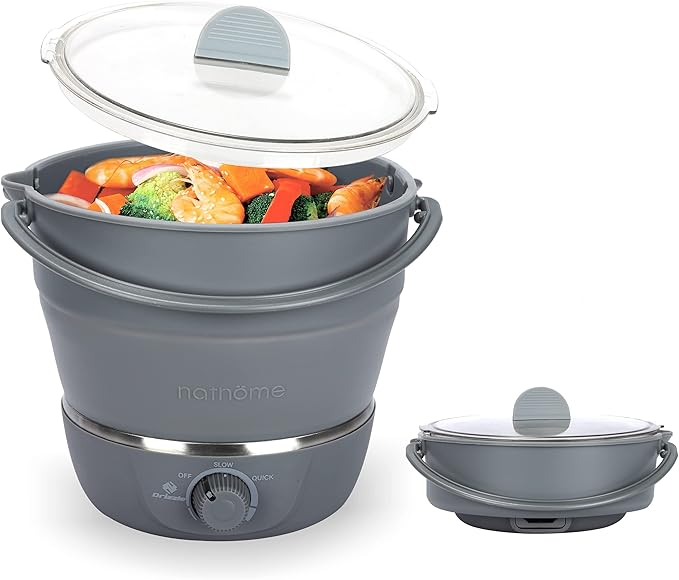 Drizzle Foldable Electric Cooker Travel Hot Pot - Dual Voltage 100V-240V Hot Pot Cooking - Food Grade Silicone Cookerware Boiling Water Steamer - Camping Office Hotel Noodle Porridge Soup Drom