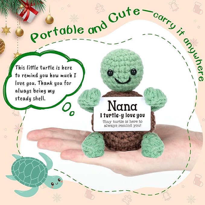 4THFARMES Mini Funny Turtle Mothers Day Nana Gifts from Grandkids, Birthday Gifts for Nana from Granddaughter Grandson, I Love You Small Cute Stuff Things, Handmade Emotional Positive Crochet Turtle