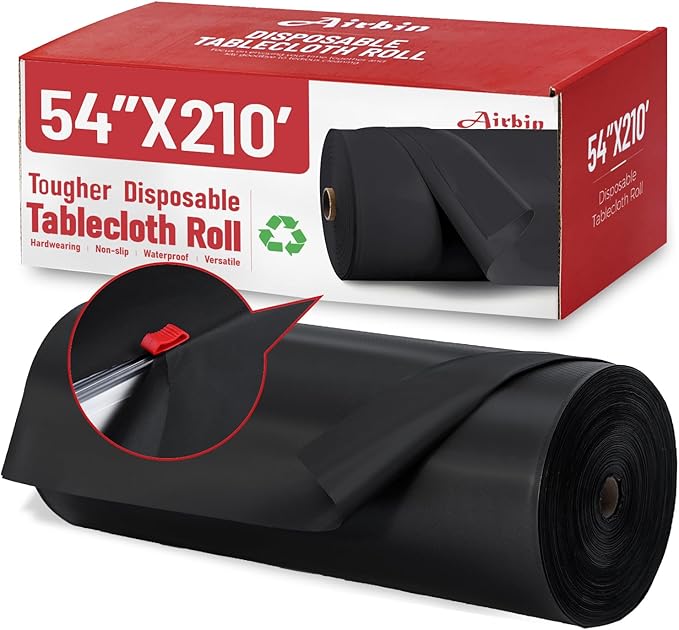 Plastic Tablecloth Roll, 210 Ft x 54 in Black Plastic Table Cloth Disposable Table Cover Roll, Premium PEVA Material, Waterproof with Cutter, Ideal for Banquets, Festivals, Parties
