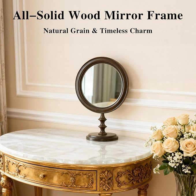 Vintage Makeup Mirror for Tabletop, 100% Solid Wood Frame Table Vanity Mirror with Stand for Vanity Table, Desk Mirror for Bedroom Living Room Retro Decor