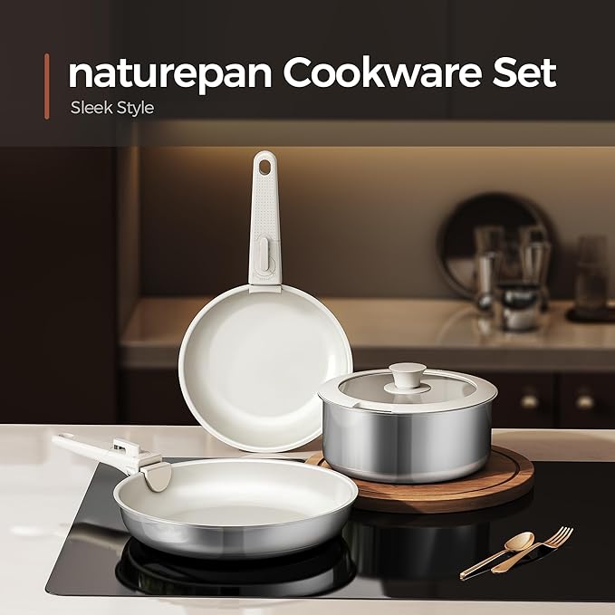 16pcs Nonstick Cookware Set, Diamond-Titanium Ceramic Coating & 3 Layer Stainless Steel Pots and Pans Set with Detachable Handle, Dishwasher Safe, Induction Compatible, Oven Safe, White