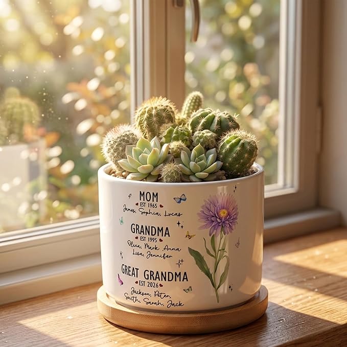 Personalized Mom Grandma Great Grandma Flower Pot, Custom Grandma Garden Birth Month Flowers Planters, Plant Pot for Nana, Gifts for Mom, Gigi Gift
