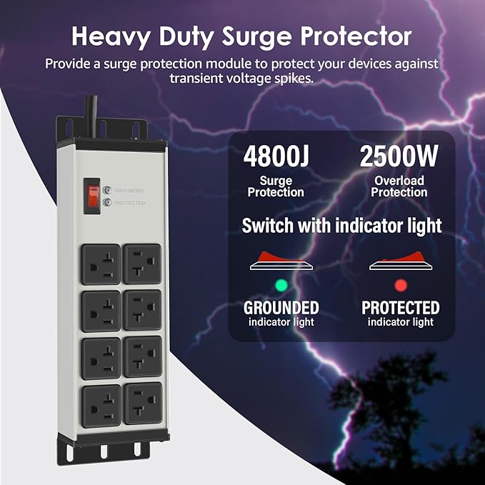 CCCEI Heavy Duty Power Strip Surge Protector 20 AMP Switch, 12 Gauge Extension Cord with Multiple Outlets, Industrial, Shop, Garage High Amp Wall Mount Electric Extender. 15FT, Grey.