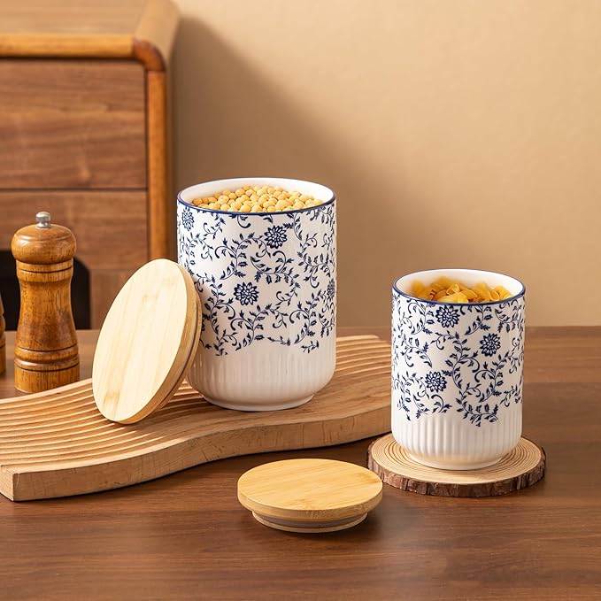 Canisters Sets for the Kitchen - 2 Pcs 36/18 oz Ceramic Kitchen Containers for Countertop with Airtight Wood Lids - Flour and Sugar Containers for Coffee Tea Spice Beans Cookie Jars - Blue