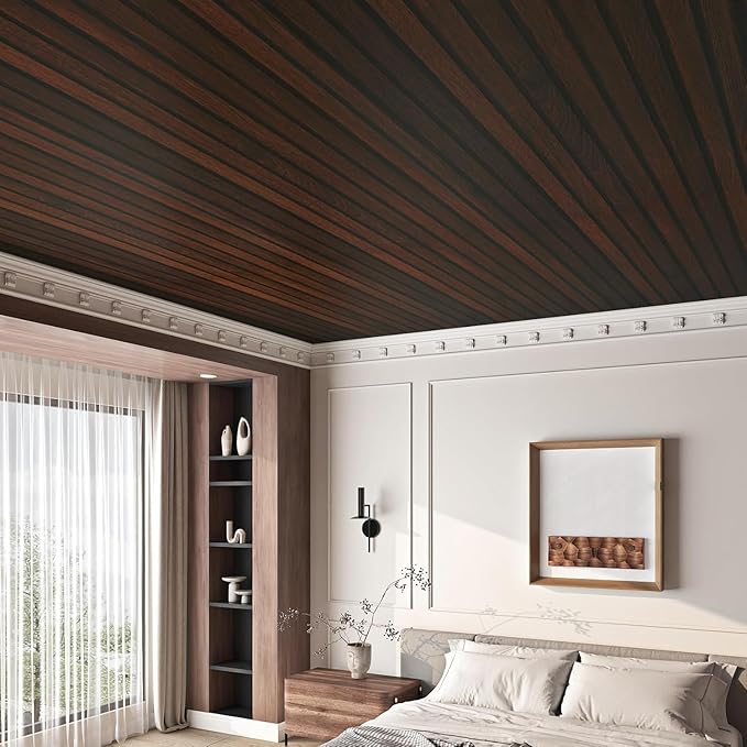 FunStick 16"x472" Brown Wood Slats Peel and Stick Wallpaper Waterproof Dark Wood Grain Contact Paper for Walls Cabinets Removable Beadboard Paneling Wall Paper for Ceiling Pole Wrap Roll Kitchen Desk