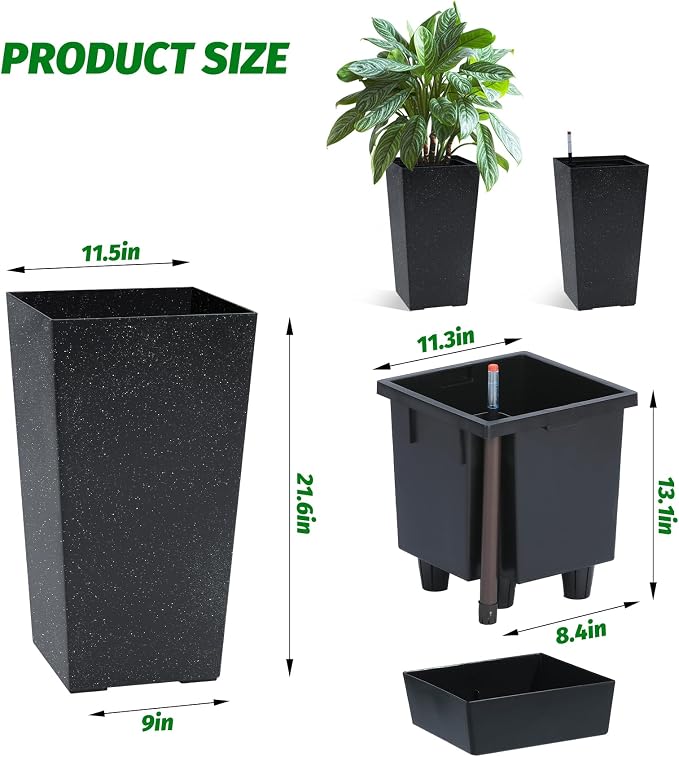Garvee 16" Tall Planters Set of 4, Outdoor＆Indoor Black Planter Pots, High Front Porch Planter Pots with Drainage Holes＆Water Level Monitor＆Inner Bucket,Black