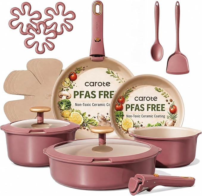 CAROTE 19 Pcs Pots and Pans Set, Nonstick Cookware Sets with Detachable Handle, Titanium Reinforced, Oven Safe, Cookware Non Stick Cooking Set w/Frying Pans & Saucepans Red(PFOS, PFOA Free)