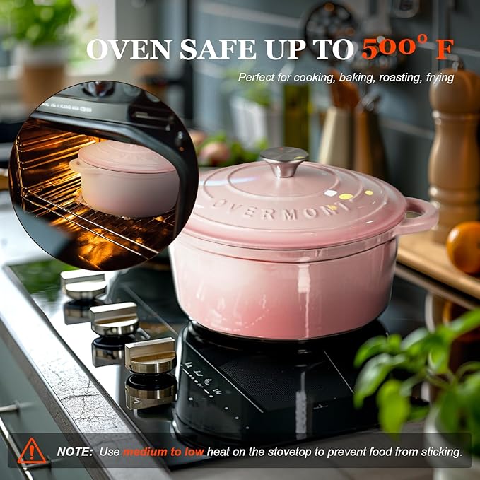 Overmont Enameled Cast Iron Dutch Oven - 7QT Pot with Lid Cookbook & Cotton Potholders - Heavy-Duty Cookware for Braising, Stews, Roasting, Sourdough Baking pink