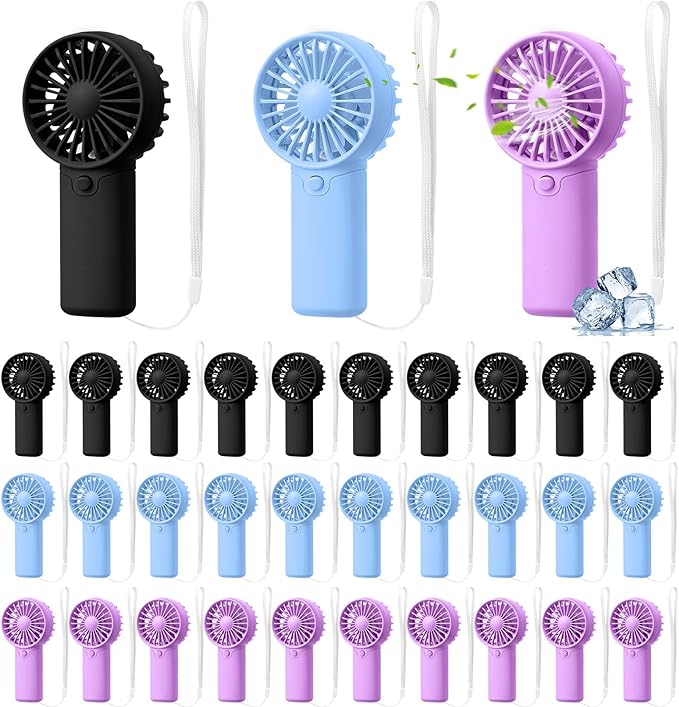 Rossesay 30 Pcs Mini Portable Fan Handheld Battery Operated Portable Small Personal Fans for Summer Travel Beach Indoor Outdoor Cooling Gift (Blue,Black,Purple)