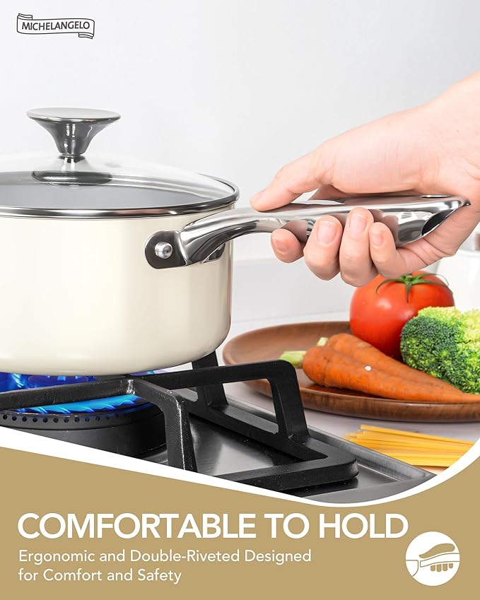 MICHELANGELO Pots and Pans Set Non Stick - Titanium Cookware Set Non Toxic Ceramic Coating, 8-Pcs Nonstick Pots and Pans with Ergonomic Handle, Dishwasher Safe & Induction Compatible, Cream