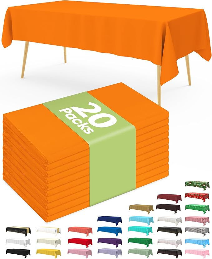 Pureegg Plastic Table Cloth Disposable 20 Pack, 54 x 108 Inch Table Cloths, Halloween Party, Thanksgiving Decorations, Harvest, Fall Tablecloths, Rectangle Tables, Leakproof & Sturdy, Orange