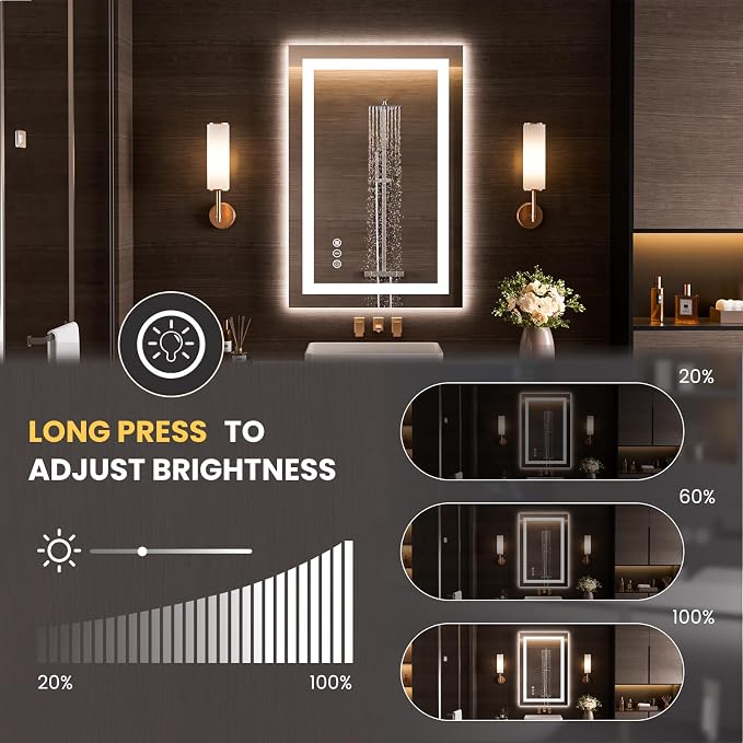 LOAAO 20"x34" LED Bathroom Mirror with Lights, Anti-Fog, Dimmable, Backlit + Front Lit, Lighted Bathroom Vanity Mirror for Wall, Memory Function, Tempered Glass, Safe to Use, ETL Listed