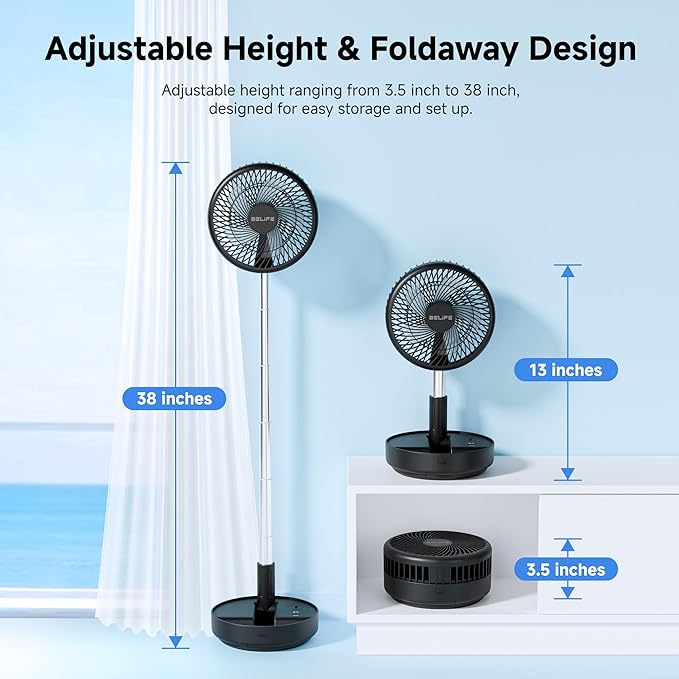 Belife X8 Portable Fan, 7200mAh Battery Powered Rechargeable, Oscillating USB Desk Floor Fan with Remote, Foldable Telescopic Fan for Home Bedroom Sleeping Office Camping Travel, 7.7" (Black)