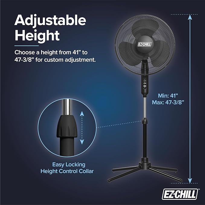 EZ-Chill 16” Oscillating Pedestal Fan, 3-speed Options, 90-Degree Oscillating Head, Adjustable Height and Tilt, Powerful Air Flow, Black, MTFS-16B-BLK