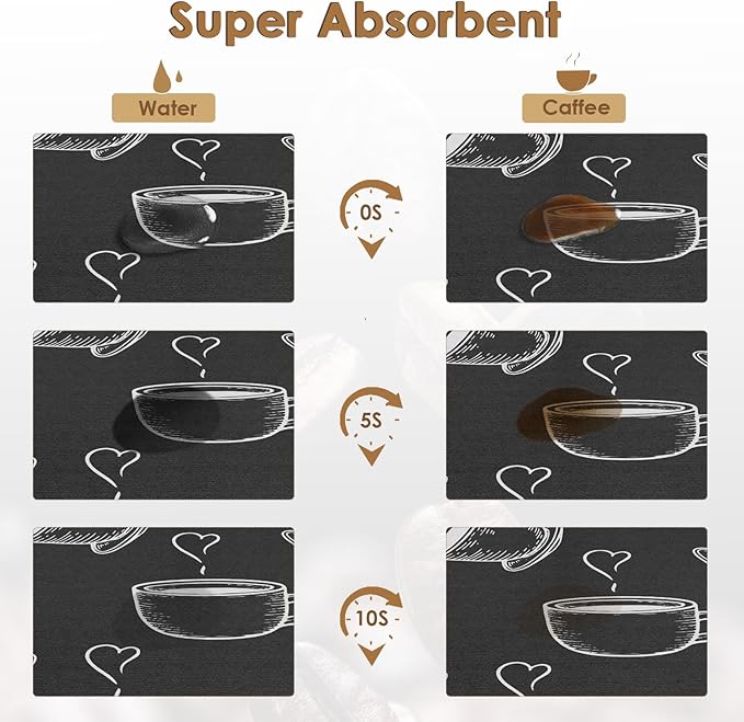 Arttown Coffee Mat for Countertops, Coffee or Tea Cups Black Dish Drying Mat 2 Pcs for Kitchen Bar Accessories, Cafe Maker Espresso Machine Dish Rack Hide Stain Rubber Backed 12x19In