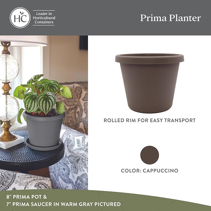 The HC Companies Prima Round Plastic Plant Pot w/Rolled Rim - Lightweight & UV Resistant Flower Pot for Herbs & More - Outdoor & Indoor Plant Pots w/Drainage (10 inch, Cappuccino, Pack of 1)