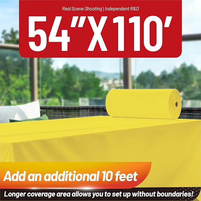 Plastic Table Cloth, 110 Ft X 54 In Plastic Table Cloth Disposable Yellow Table Cloths with Any Cut Sliding Cutters Premium PEVA Disposable Tablecloth for Picnics, Parties, Birthdays, Festivals