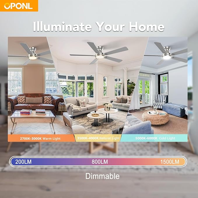 OPONL 52 Inch Nickel Ceiling Fan with Light, Remote Control, Low Profile, Noiseless, Reversible, Dimmable, Timeable, Metal Housing, Flush Mount Ceiling Fans with Lights for Bedroom, Indoor/Outdoor Use