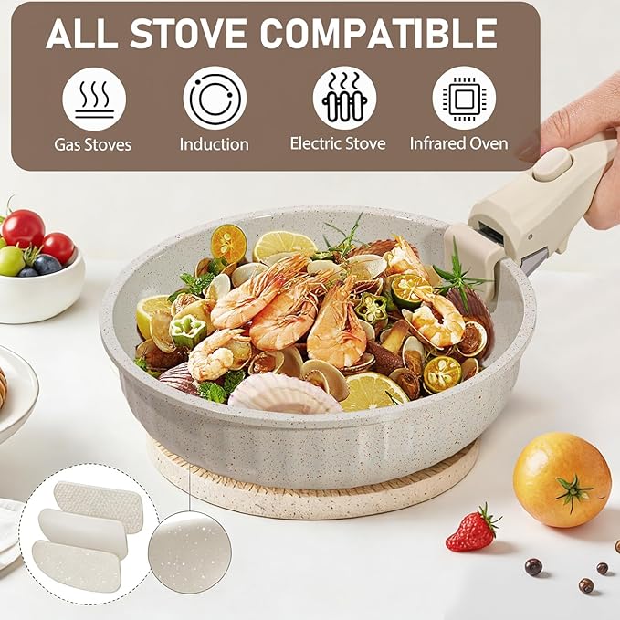Vivicreate 11 Piece Pots and Pans Set Nonstick with Removable Handle, Induction Cookware, Stackable Kitchen Set for RV Camping Apartment, Frying Pan and Saucepan (White)