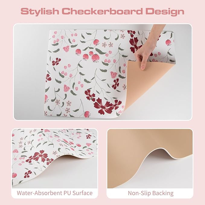 Flower Design Drying Mat Non-slip Bar Mats for Kitchen Bathroom Counter & Sink Side 16"X 24",Perfect as Housewarming Gift (Floral Whispers,White)