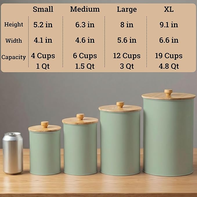 Kitchen Canisters for Countertop Set of 4 with Customizable Chalkboard Labels & Marker Pen - Big Iron Kitchen Canisters with Airtight Lids - Sage Green Canister Set - Flour and Sugar Containers