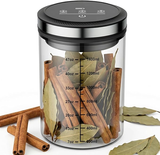 GVODE Vacuum Coffee Canister 1.6-Liter Capacity Coffee Storage Container, Ounce/Milliliter Scale Bar, High Borosilicate Glass, 4500 Hours Battery Life - Coffee Canister & Coffee Bean Storage