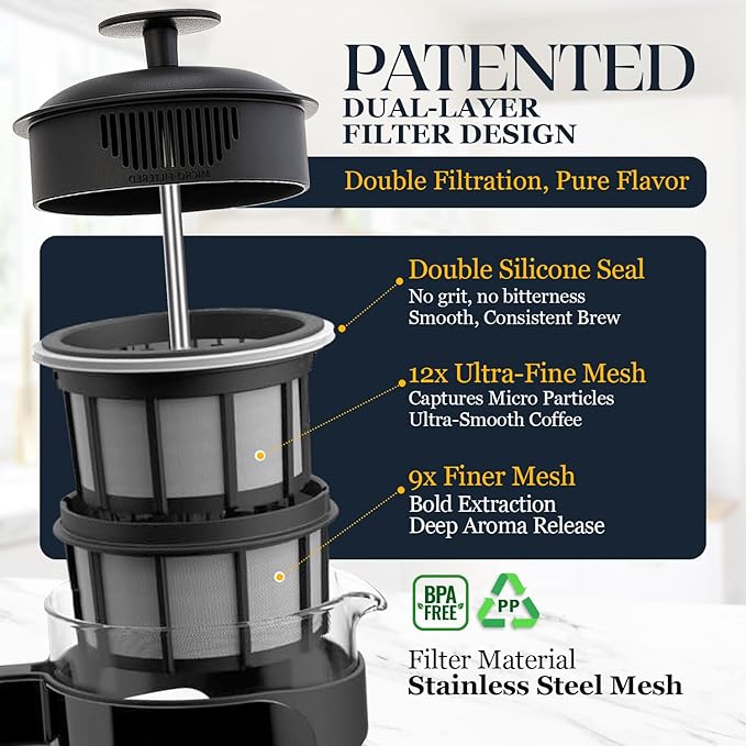 ESPRO Light P3 French Press Coffee Maker – Patented Double Micro-Filter for Grit-Free Brew, Heat Resistant thicker Borosilicate Glass Coffee press – (Black, 32 oz)
