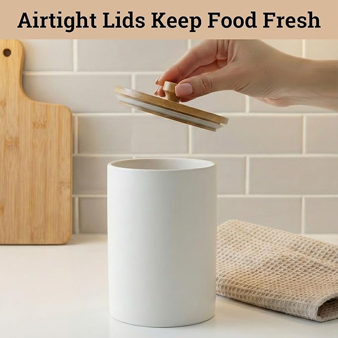 Ceramic Kitchen Canisters for Countertop Set of 3 with Airtight Bamboo Lids - White Kitchen Canisters with Airtight Lids - Flour Sugar Canister Set - Flour and Sugar Containers Farmhouse - Coffee Jar