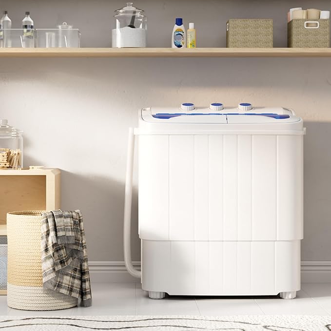 Pataku Portable Washing Machine, Compact Twin Tub Mini Washing Machine, 17.6 LBS Washer and Dryer Combo with Soaking Function, Semi-Automatic for Apartment, Dorms, RVs, Camping (White & Blue)