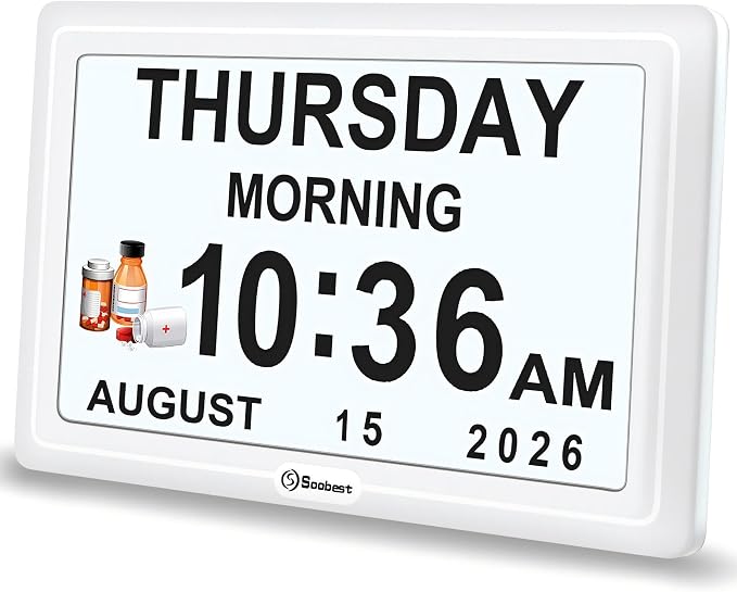 Soobest Dementia Digital Clock for Seniors Elderly, 20 Alarm Reminders 3 Ringtones for Memory Loss Alzheimers, Electric Time Date Day Large Display Calendar Clock, Auto DST, 1024 * 600P HD