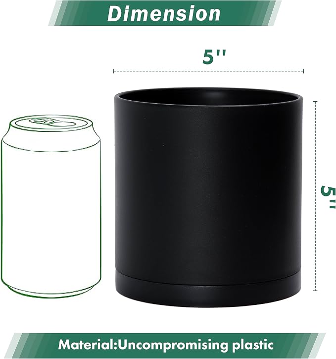 D'vine Dev 4 Pack 5 Inch Modern Plastic Plant Pots, Small Garden Planters for Plant with Drainage Holes and Saucers, Black Color, 74-Y-G-2