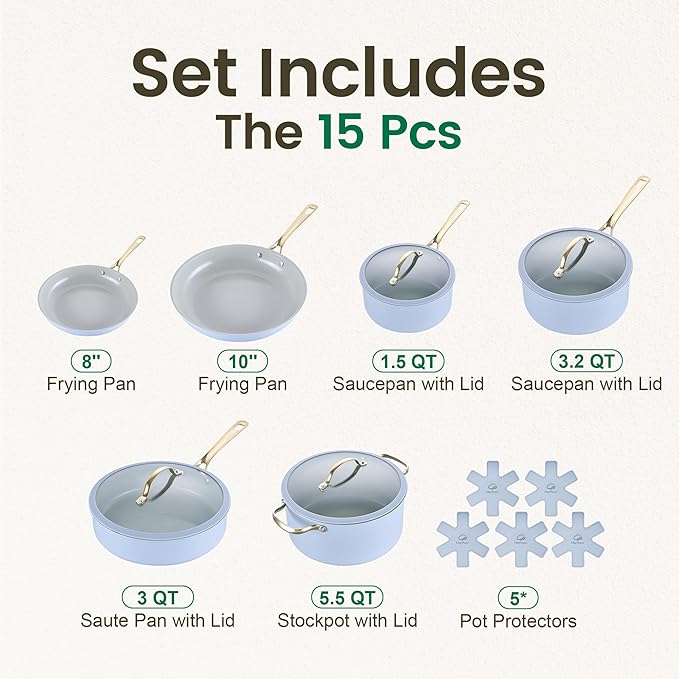 Chef Power Ceramic Cookware Sets, 15Pcs Pots and Pans Set Non Stick, Cookware Set with Stainless Steel Handle, Dishwasher & Oven Safe, Light Blue and Granite Grey