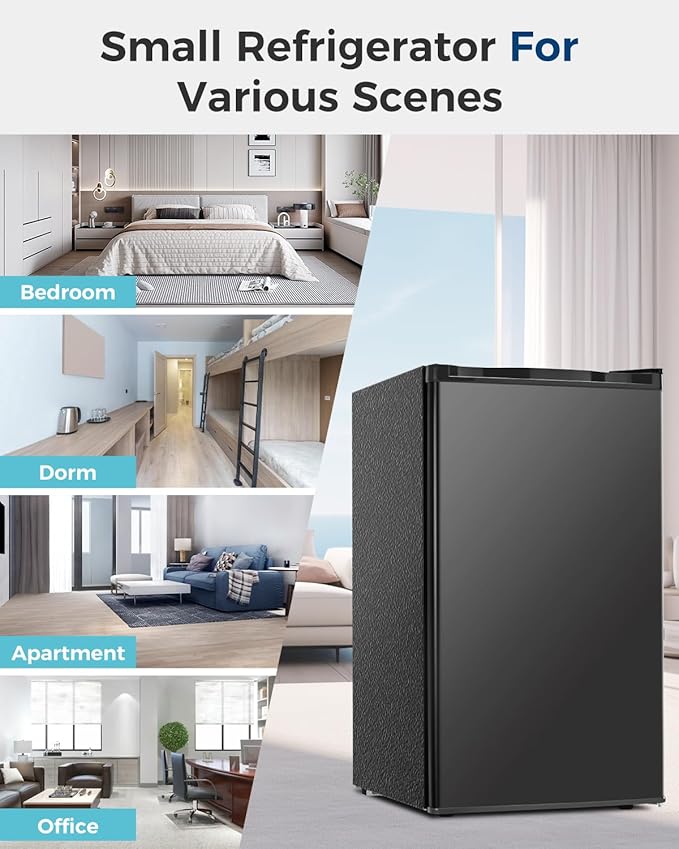 Feelfunn Mini Fridge with Freezer - 3.2 Cu.Ft Single Door Mini Refrigerator with Adjustable Thermostat, Energy Saving, Low Noise, Small Fridge for Bedroom, Office, Dorm, Apartment, Classroom - Black