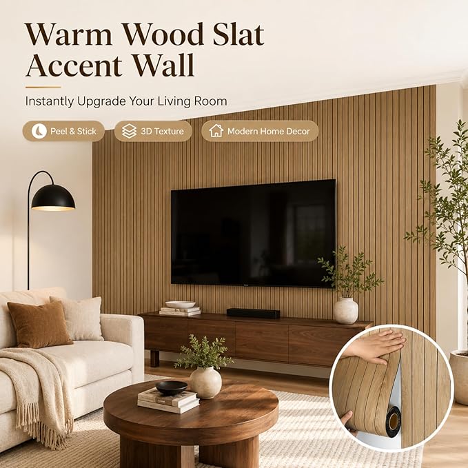 Abyssaly 3D Peel and Stick Wood Wall Panels, 15.7" x 236" Thickened PVC Self-Adhesive Wall Paneling, Soundproof Waterproof Brown Wood Slat Wallpaper for Living Room Bedroom Kitchen Accent Walls