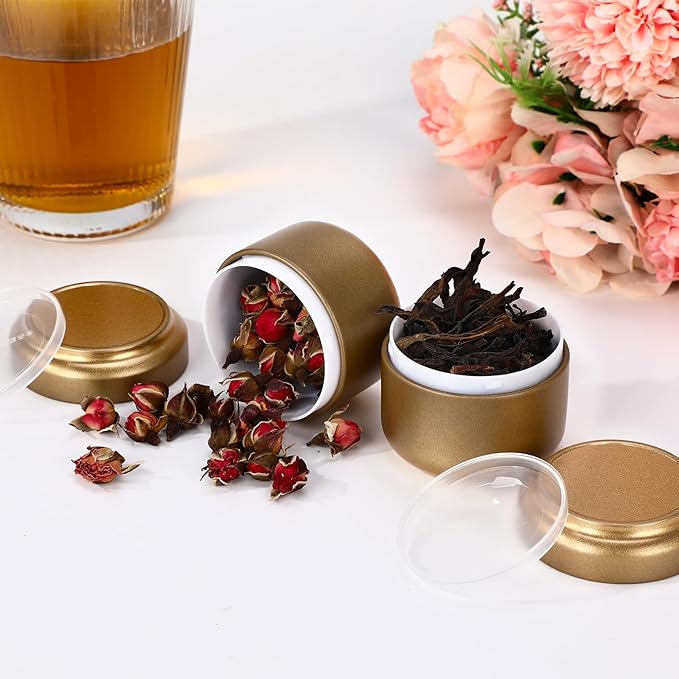 Suclain 50 Pack Small Tea Tin Canisters Bulk with Airtight Double Lids 3.4 oz Mini Leaf Tea Storage Containers Round Metal Tinplate Kitchen Teas Tin Can Box for Loose Teas Coffee Herbs Spices(Gold)