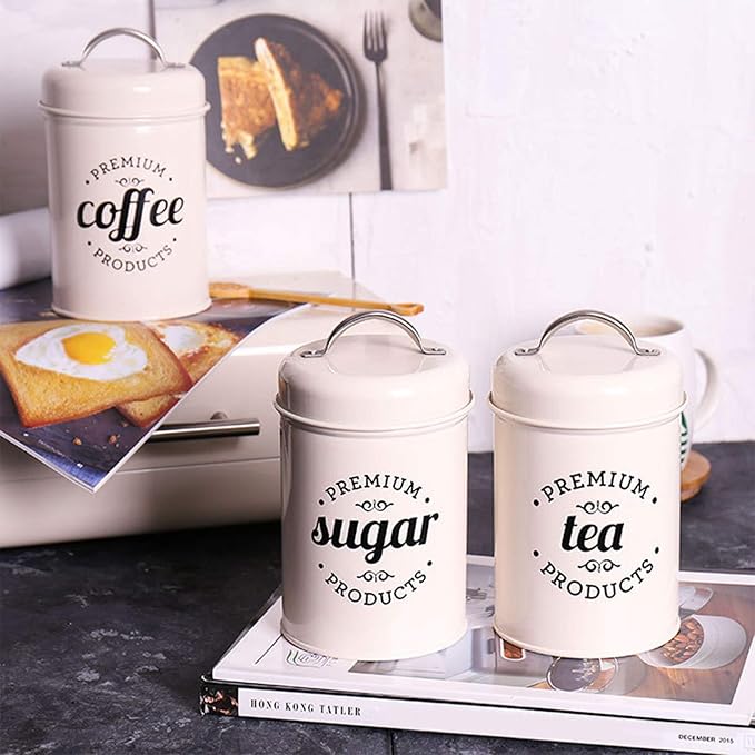 Hedume Set of 3 Airtight Kitchen Canister Decorations with Lids, Coffee, Tea, Sugar Metal Containers, Decorative Nesting Kitchen Canister Jars, Food Storage
