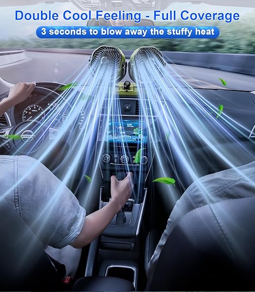 Dual Head Car Cooling Fan for Dashboard, DC 5V USB / 12V / 24V Universal Cigarette Lighter Plug Car Fans That Blow Cold Air Cooler for Vehicles Sedan Suv Rv Van Truck Utv Tractor Cab without AC