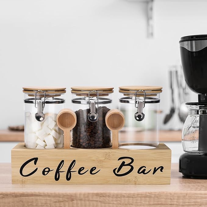 3 x 54 oz Glass Coffee Bean Storage Container with Shelf 3PCS Glass Containers with Airtight Locking Clamp Lid Spoons Coffee Canister Set Jars for Kitchen Food Storage Tea Sugar Wood