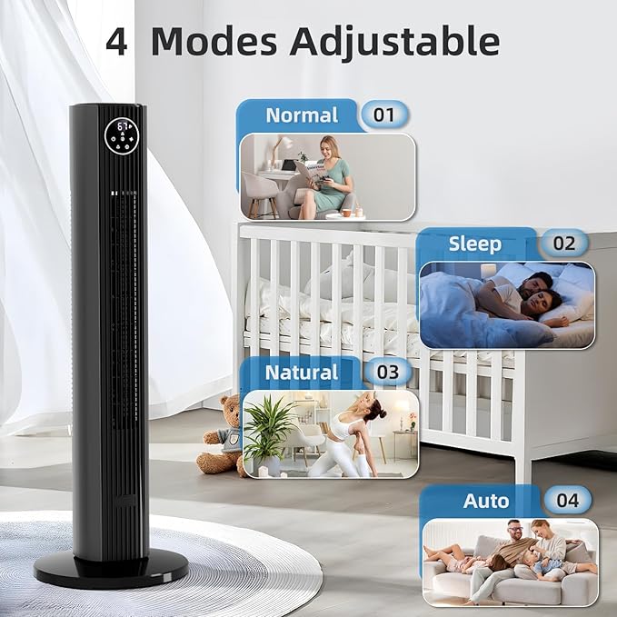 Antarctic Star 36" Tower Fan, Quiet Oscillating Cooling Fan with 12H Timer & Remote Control, 4 Modes & 3 Speeds Bladeless Standing Fan for Bedroom, Home Office & Indoor Living, Space-Saving,Grey