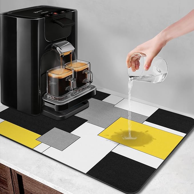 Arttown Coffee Mat for Countertops, Yellow Black White Grey Modern Dish Drying Mat 2 Pcs for Kitchen Bar Accessories, Fit Under Coffee Maker Espresso Machine Dish Rack Hide Stain Rubber 12x19in
