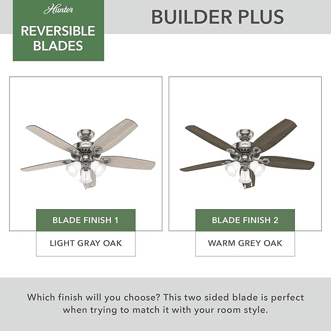 Hunter 52 inch Indoor Ceiling Fan with LED Lights - Ceiling Fan with Pull Chain, For Bedroom or Living Room, Standard Mount, No Remote, 5 Blades, Includes Bulbs - Builder Plus 51111, Brushed Nickel