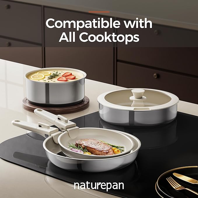 16pcs Nonstick Cookware Set, Diamond-Titanium Ceramic Coating & 3 Layer Stainless Steel Pots and Pans Set with Detachable Handle, Dishwasher Safe, Induction Compatible, Oven Safe, White