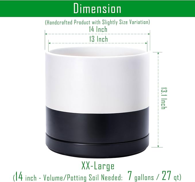 D'vine Dev 14 Inch Ceramic Planter Pot, Black White Two Tone, 94-O-G-L | Modern Cylinder Design, Drainage Hole & Saucer Included, Stable Structure, Elegant Home Accent